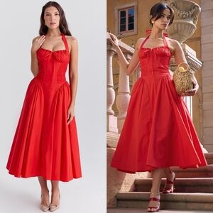 HOUSE OF CB 'Adabella' Italian Tomato Cotton Halter Sundress